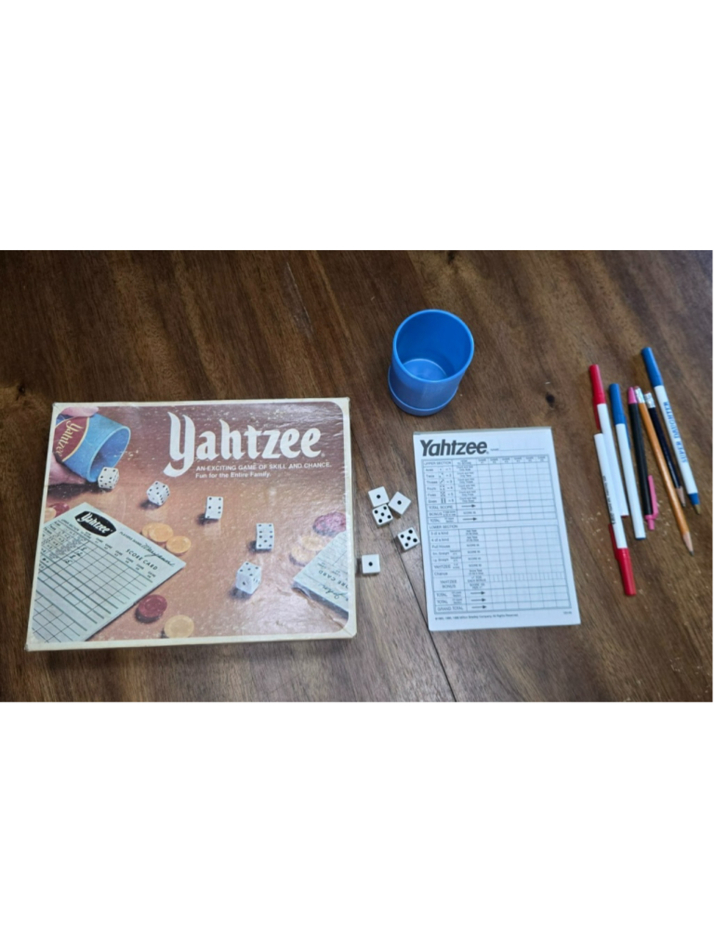 Vintage 1970s Yahtzee Game Milton Bradley E.S. Lowe Mostly Complete Blue Cup